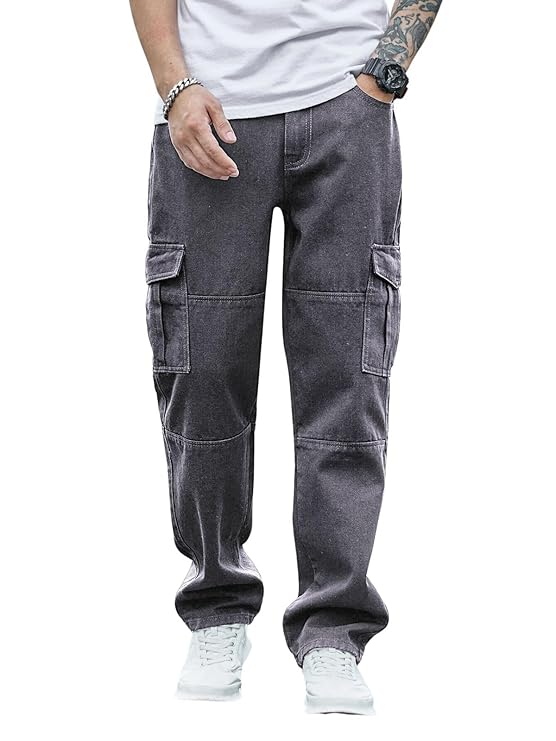 Baggy Cargo Jeans for Men - High Rise Relaxed Fit Denim Pants Cotton Blend Streetwear Utility Jeans with Multiple Pockets