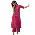 Co Ord Set for Women Viscose Printed A Line Kurta Palazzo Set for Woman Round Neck Elbow Sleeve Ethnic Dress Stylish Coord Outfit Trendy Womens Clothing