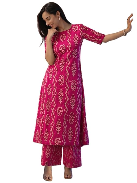 Co Ord Set for Women Viscose Printed A Line Kurta Palazzo Set for Woman Round Neck Elbow Sleeve Ethnic Dress Stylish Coord Outfit Trendy Womens Clothing