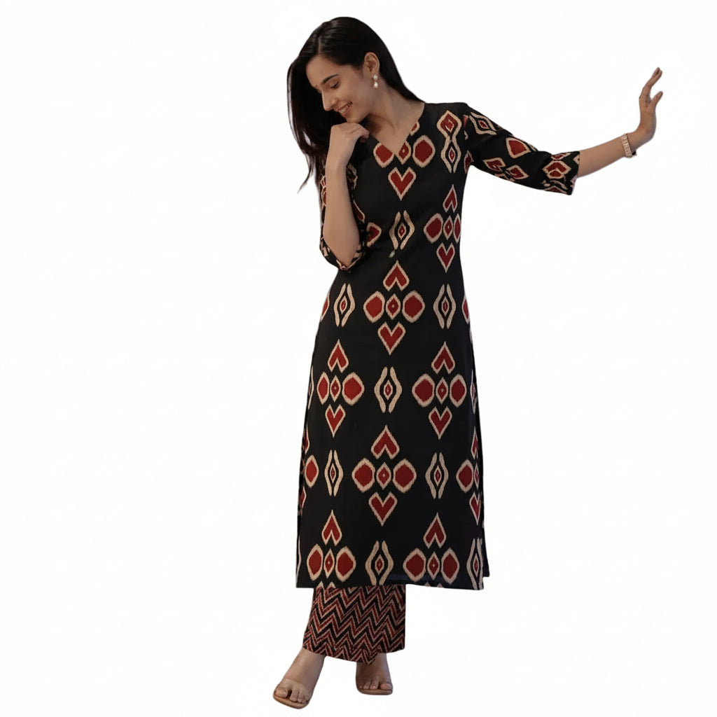 Co Ord Set for Women Viscose Printed Straight Kurta Palazzo Set for Woman V Neck 34 Sleeve Ethnic Dress Stylish Coord Outfit Trendy Womens Clothing