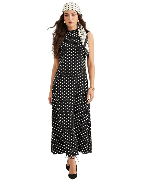 Crepe Sleeveless Polka Dot Printed Maxi Black Dress for Women, Dresses for Women Western