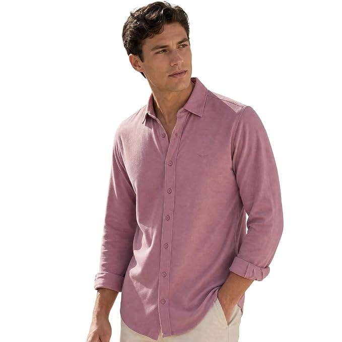 Everyday Comfort Shirt for Men Cotton Shirts for Men in 205 GSM Plated Interlock Stand Collar Regular Fit Full Sleeve