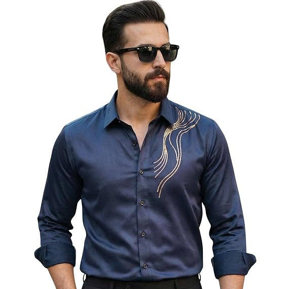 Men's Stylish Satin Regular Fit Casual Shirt Designer Stone Work Party Look Full Sleeve Formal Shirt