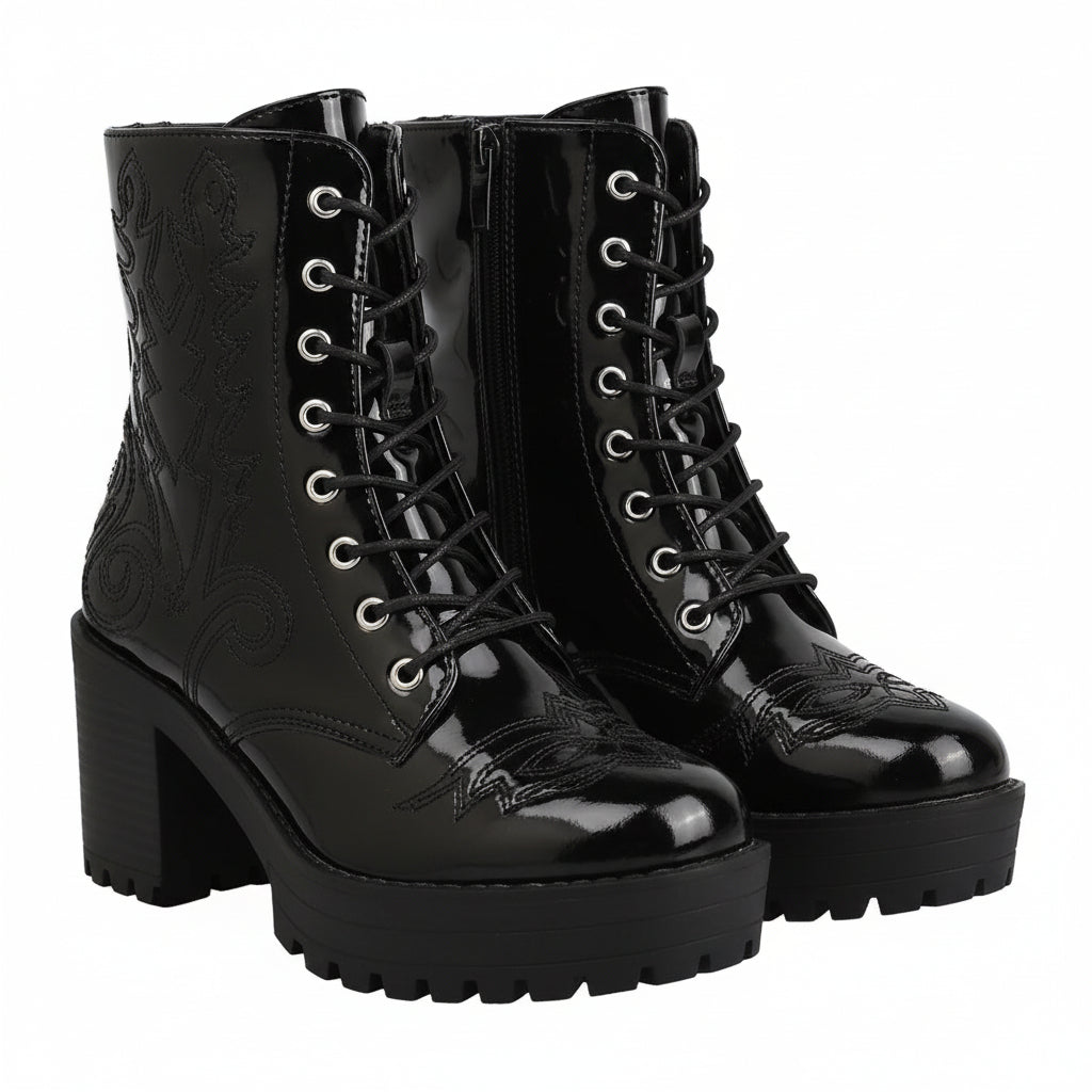 Women & Girls Lace Up Block Heeled Western Boots