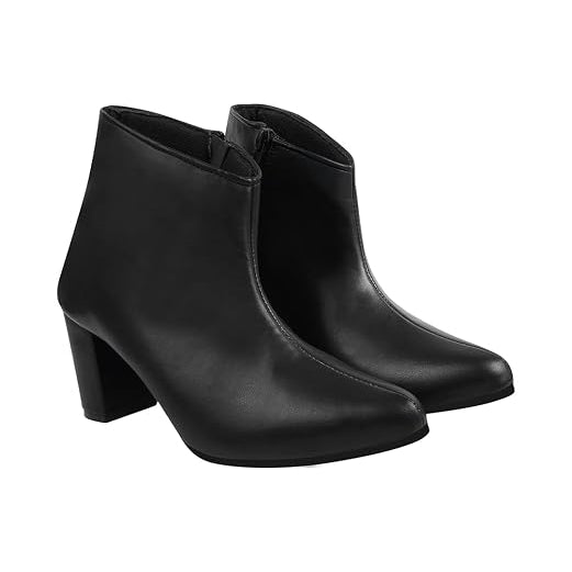 Women's Ankle Boots - Faux Leather Pointed Toe Booties with Side Zip & Mid Block Heel for Work, Party & Everyday