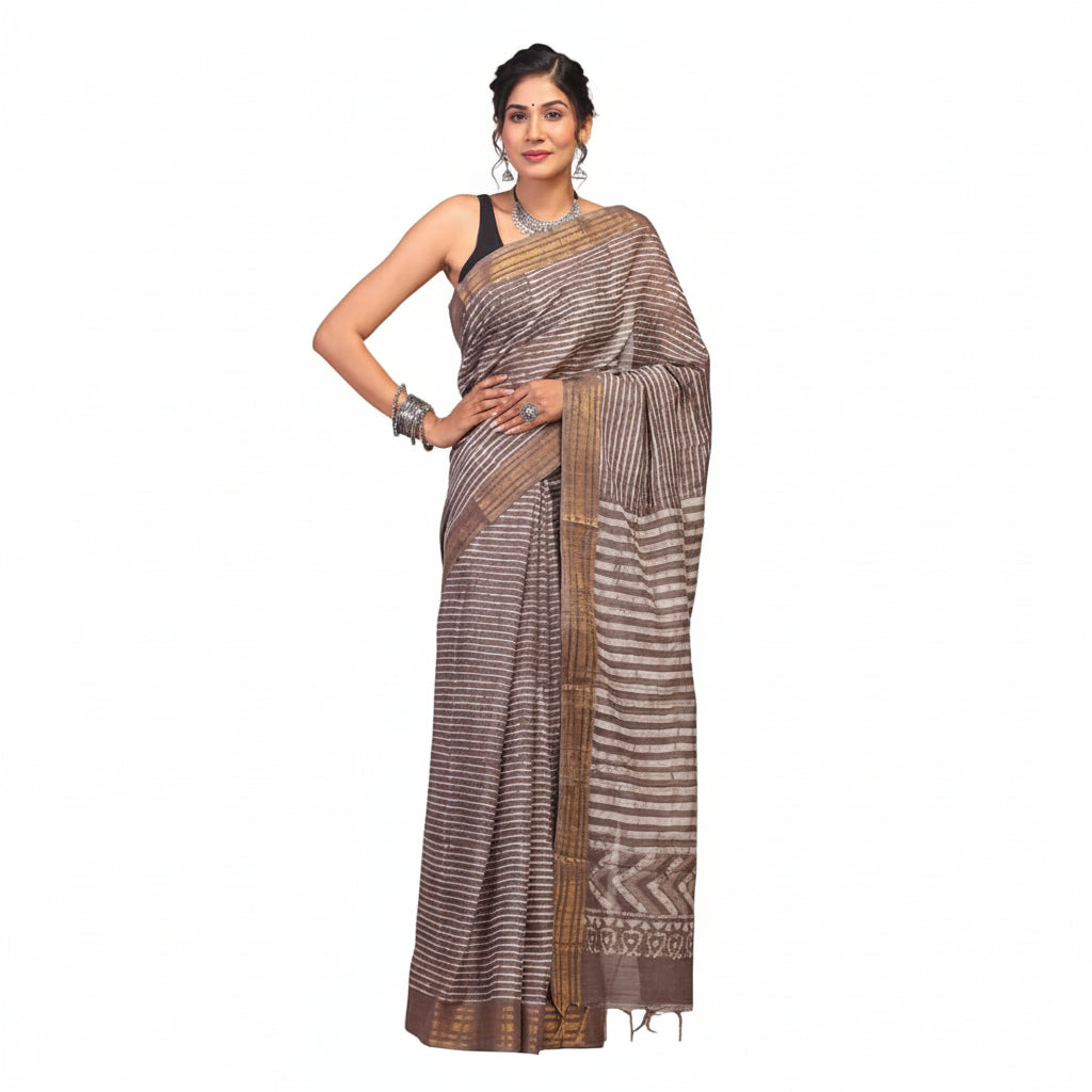 Women's Brown Bhagalpuri Cotton Silk Golden Border Hand Block Ethnic Saree With Blouse