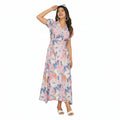 Women's Floral Maxi Dress Short Sleeve Button-Down Long Dress Elegant Collared A-Line Casual Dress Lightweight Summer Vacation Dress for Women