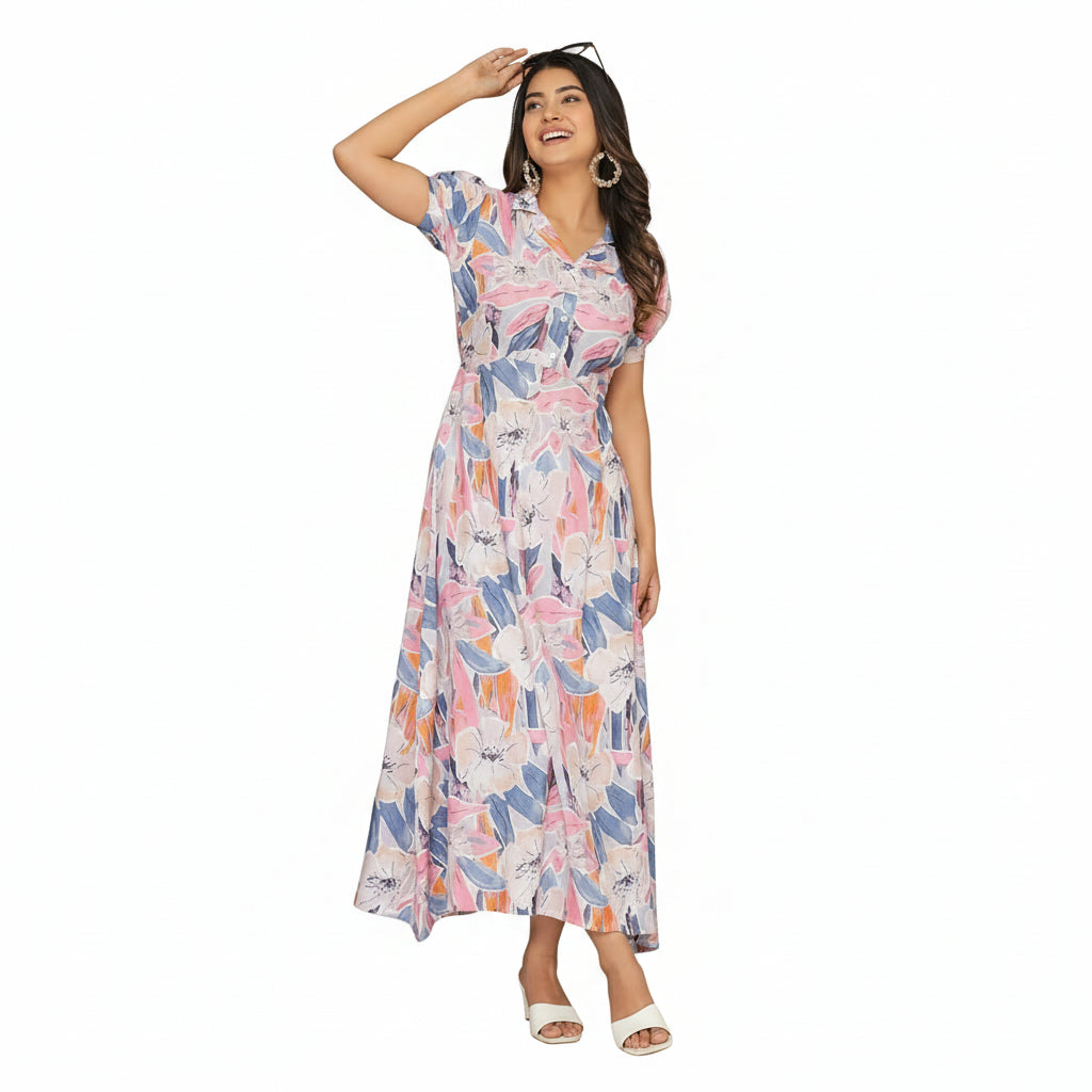 Women's Floral Maxi Dress Short Sleeve Button-Down Long Dress Elegant Collared A-Line Casual Dress Lightweight Summer Vacation Dress for Women