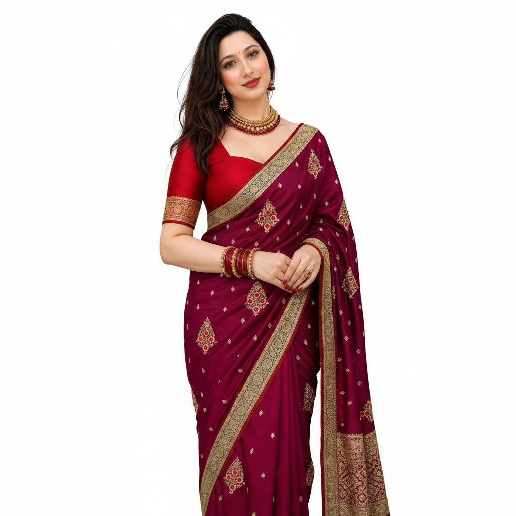 Women's Glory Banarasi Satin Silk Saree With Embroidered Design and Zari Work. (Magenta)