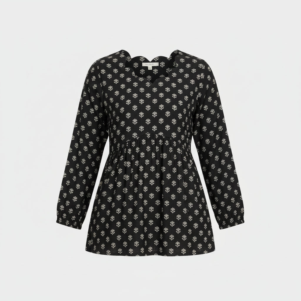 Women's Rayon Black Floral Block Print Kurti, Scallop Neckline, Full Sleeves, Gathered Fit
