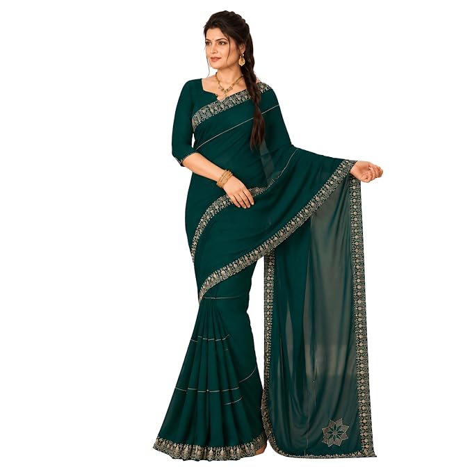 Women's Rhinestone Work Saree with Running Blouse Piece Designer Ethnic Saree Decorative Stone Border & Floral Motif Traditional Saree for Wedding, Festival & Special Occasions