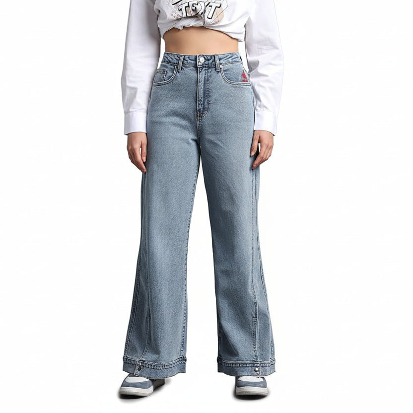 Women's Wide Leg Fit Jeans Solid High Rise Stretchable Jeans for Woman